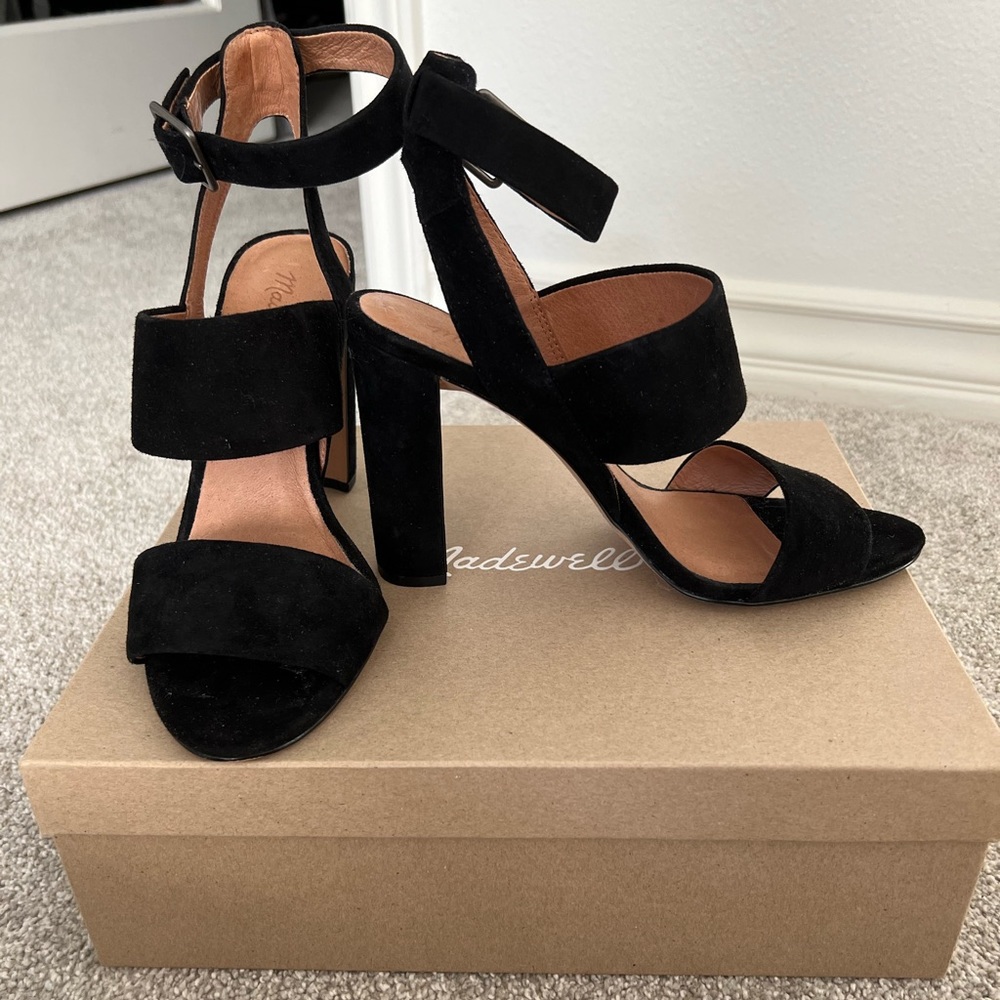 Madewell Black Suede Triple Strap High Heel Sandal | Size 8
